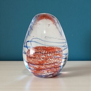 Vintage Art Glass Egg Shaped Glass Paperweight Blue Swirl Ribbons Red Lace
